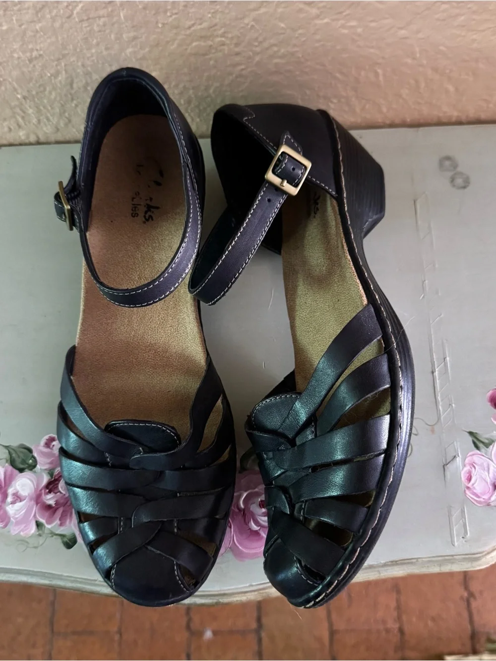 Clarks Bendables Wendy Land Navy Leather Woven Clogs - Picture 3 of 4